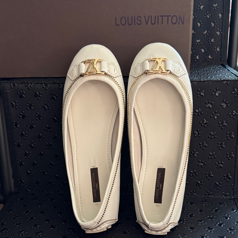 Louis Vuitton White Loafers with Gold Detail